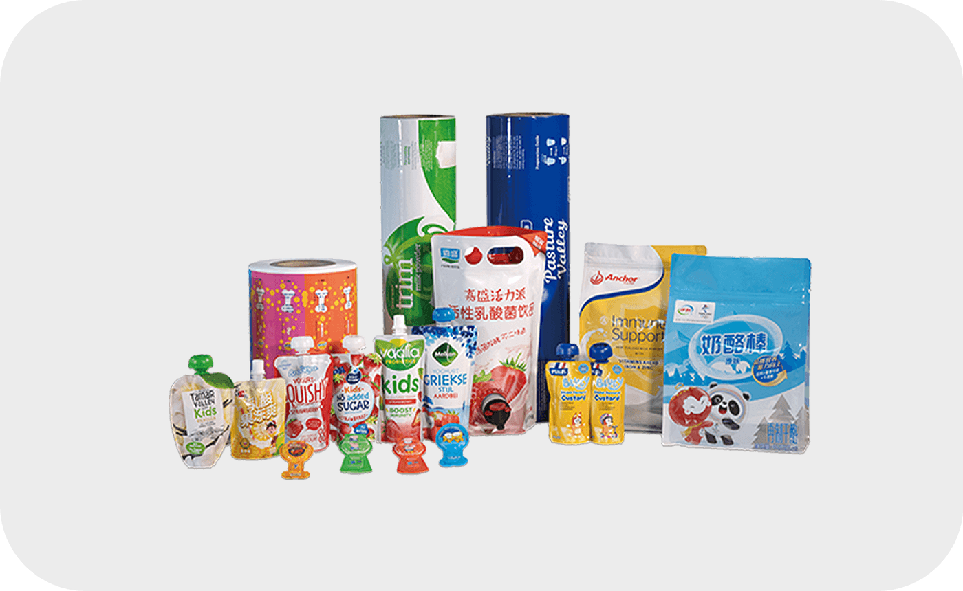 Assorted collection of colorful packaging for food and beverages including pouches rolls Spout Pouch Stand Up Pouch and Flat Bottom Pouch