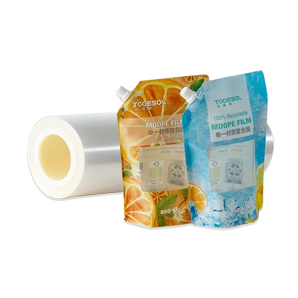 Transparent film roll and two orange and blue Spout Pouches are made of MDOPE, highlighting the 100% recyclable packaging